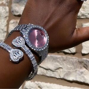 Silver and Pink Women's Watch and heart bracelet Set 7inch
